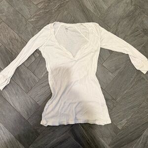 Joie White Long Sleeve Ribbed V-Neck Stretchy Top